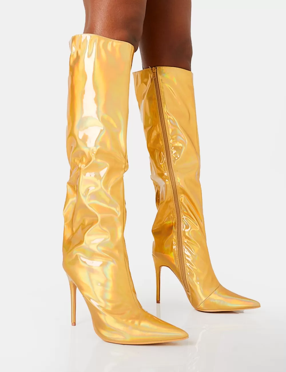 Clearance Public Desire Tai Wide Fit Metallic Pointed Toe Stiletto Knee High Boots Gold