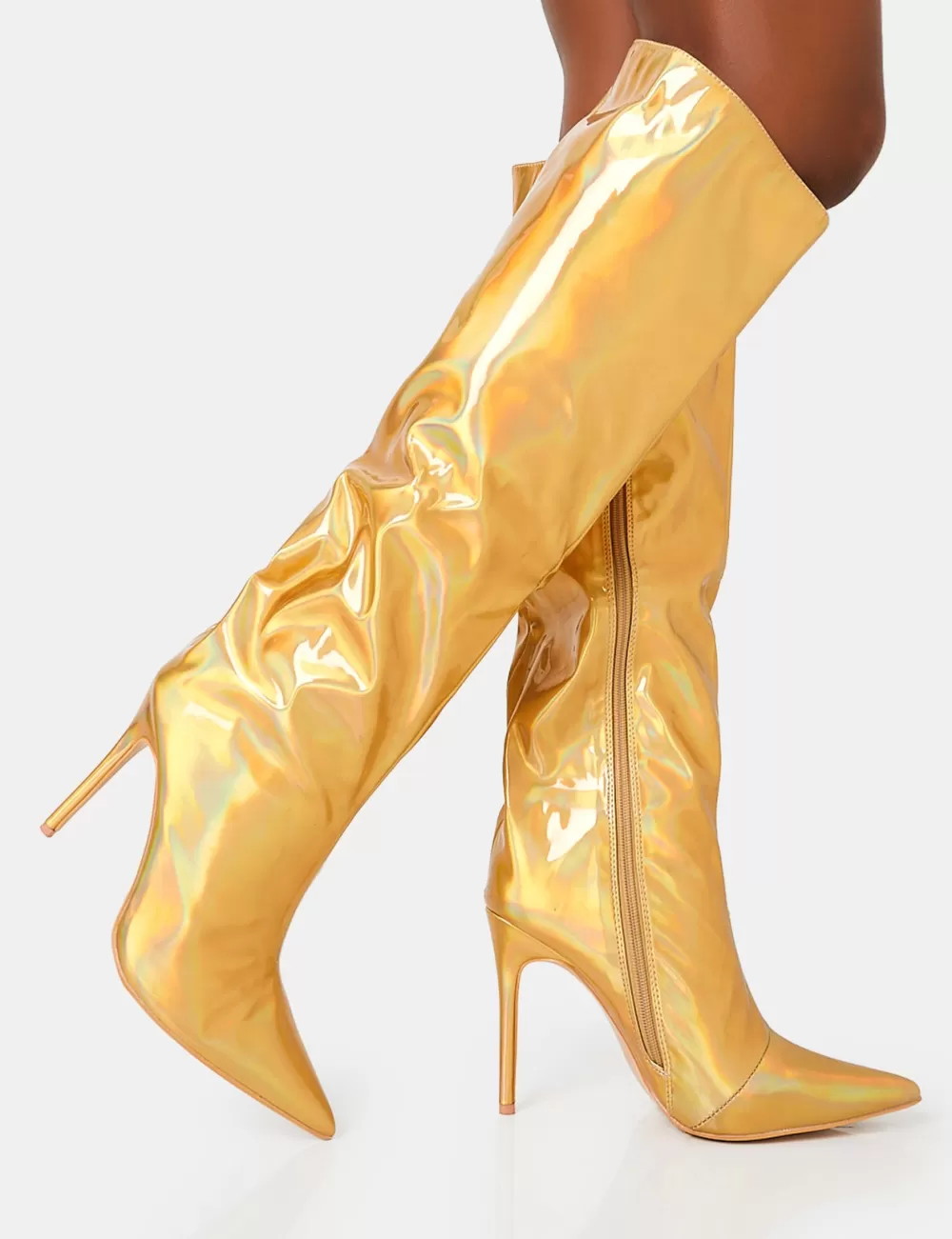 Clearance Public Desire Tai Wide Fit Metallic Pointed Toe Stiletto Knee High Boots Gold