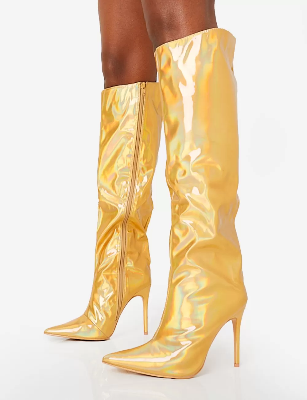 Clearance Public Desire Tai Wide Fit Metallic Pointed Toe Stiletto Knee High Boots Gold