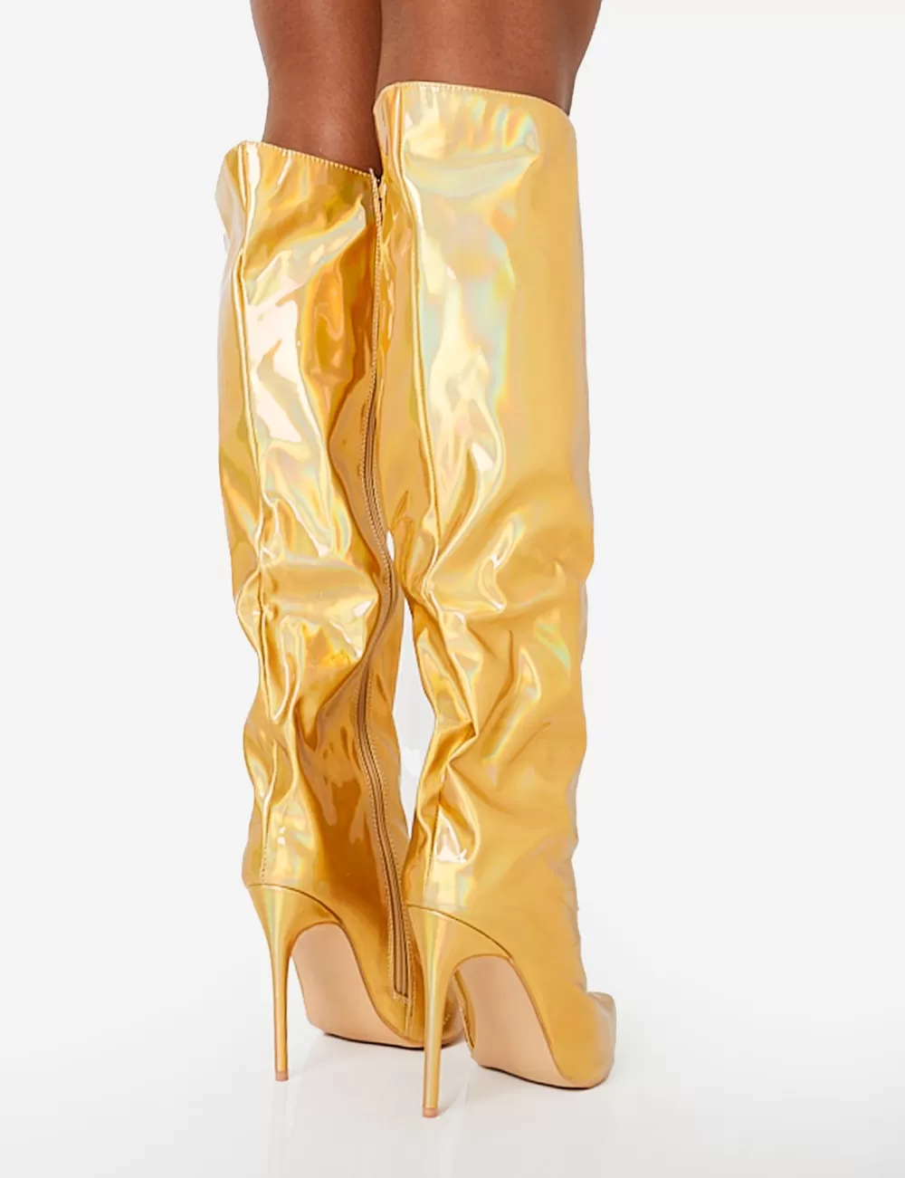 Clearance Public Desire Tai Wide Fit Metallic Pointed Toe Stiletto Knee High Boots Gold