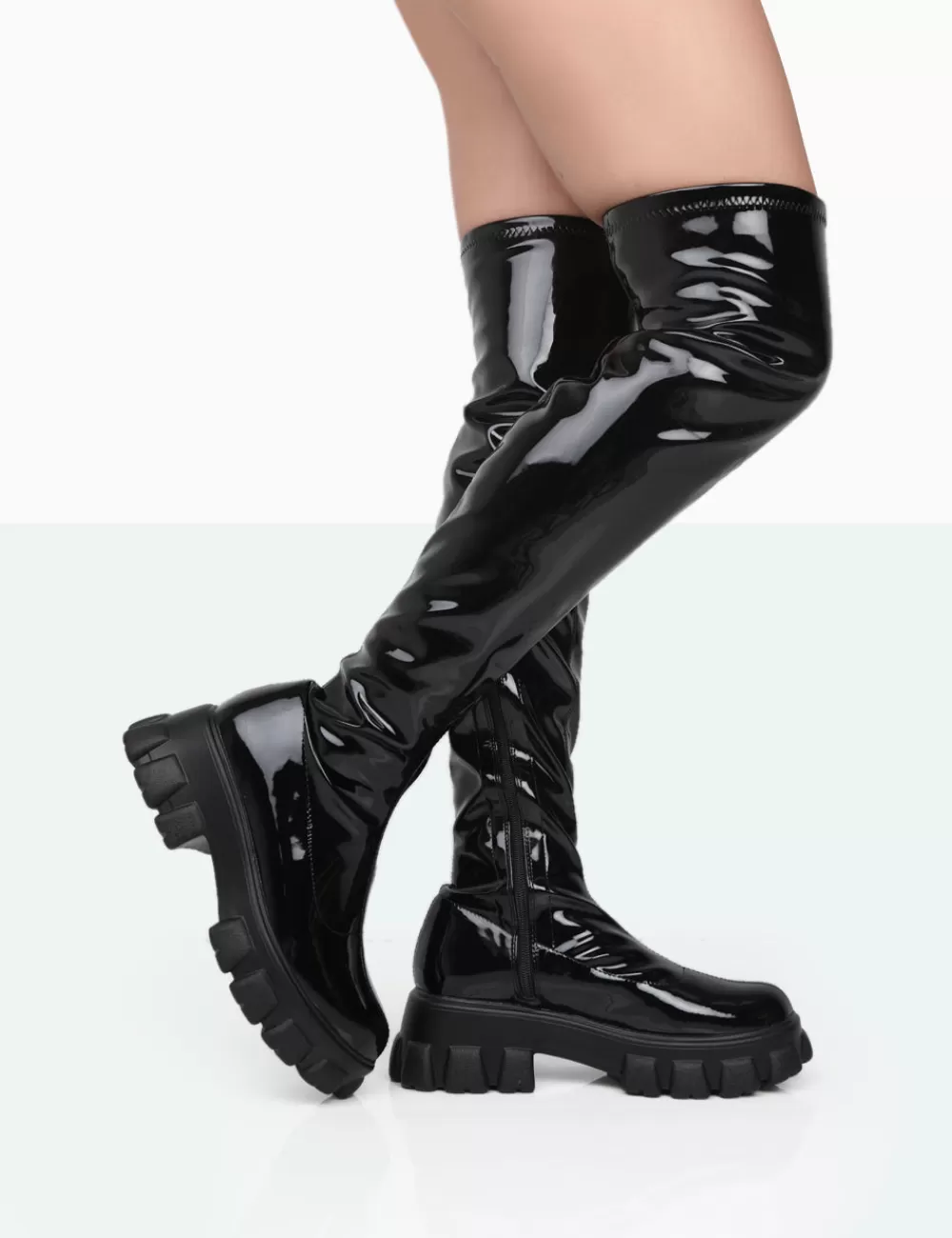 Outlet Public Desire Take Chances Patent Chunky Sole Knee High Boots Black