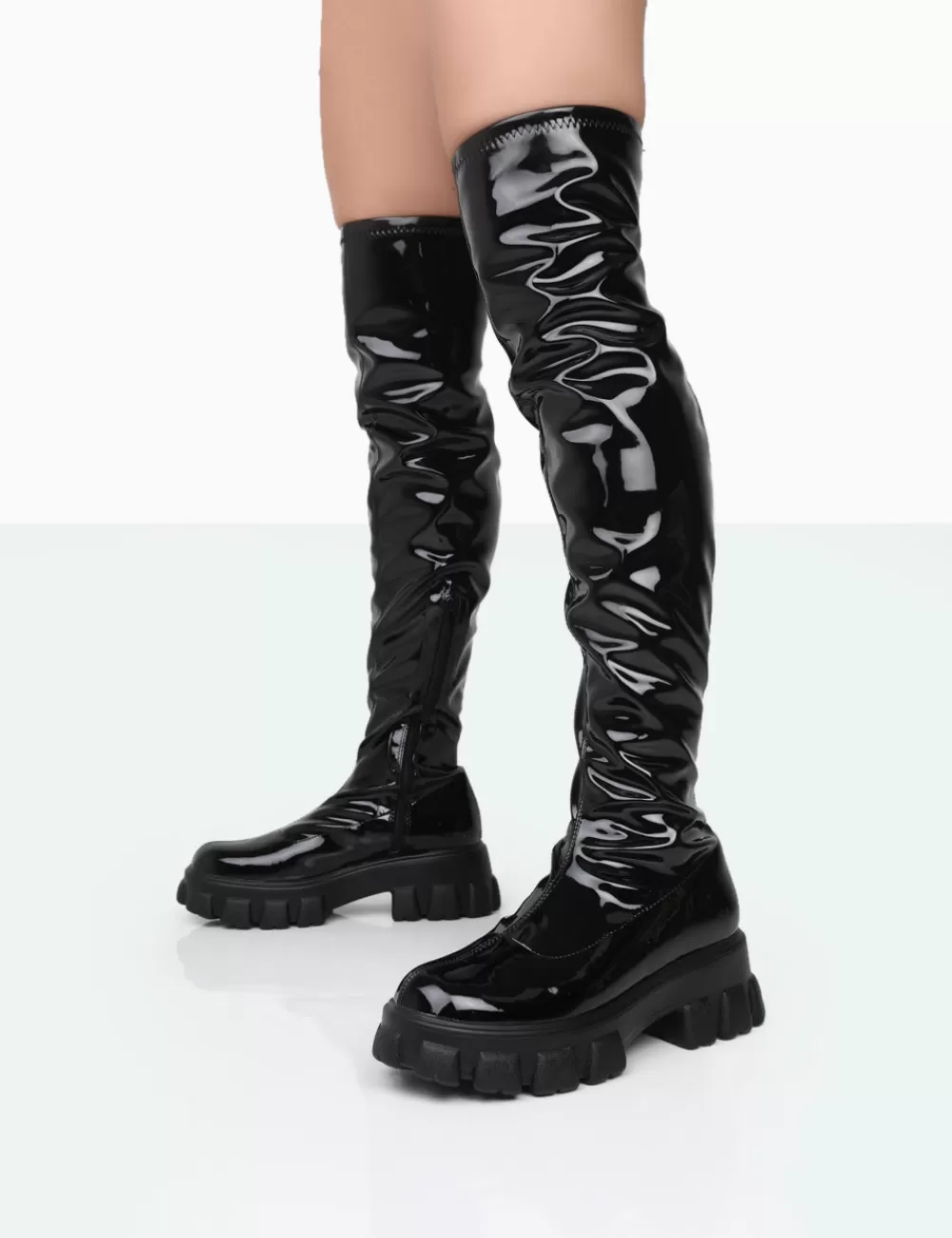 Outlet Public Desire Take Chances Patent Chunky Sole Knee High Boots Black