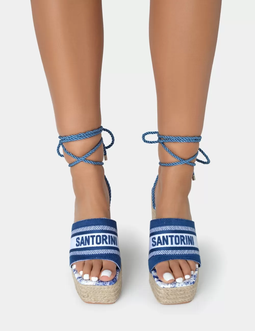 New Public Desire Take Off Embroidered Santorini Lace Up Raffia Square Toe Wedge Heels Navy