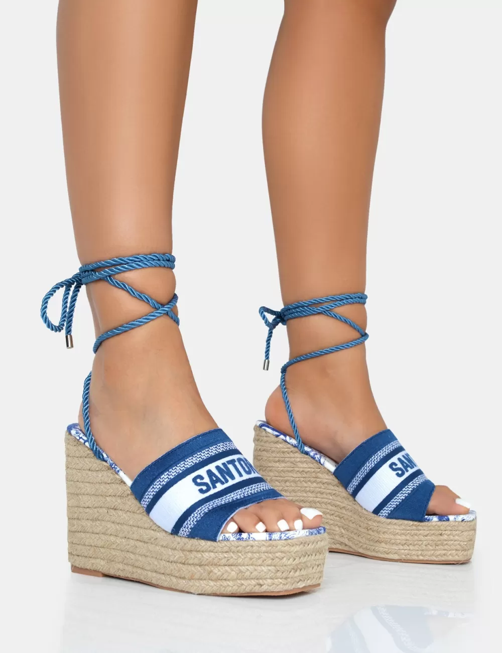New Public Desire Take Off Embroidered Santorini Lace Up Raffia Square Toe Wedge Heels Navy