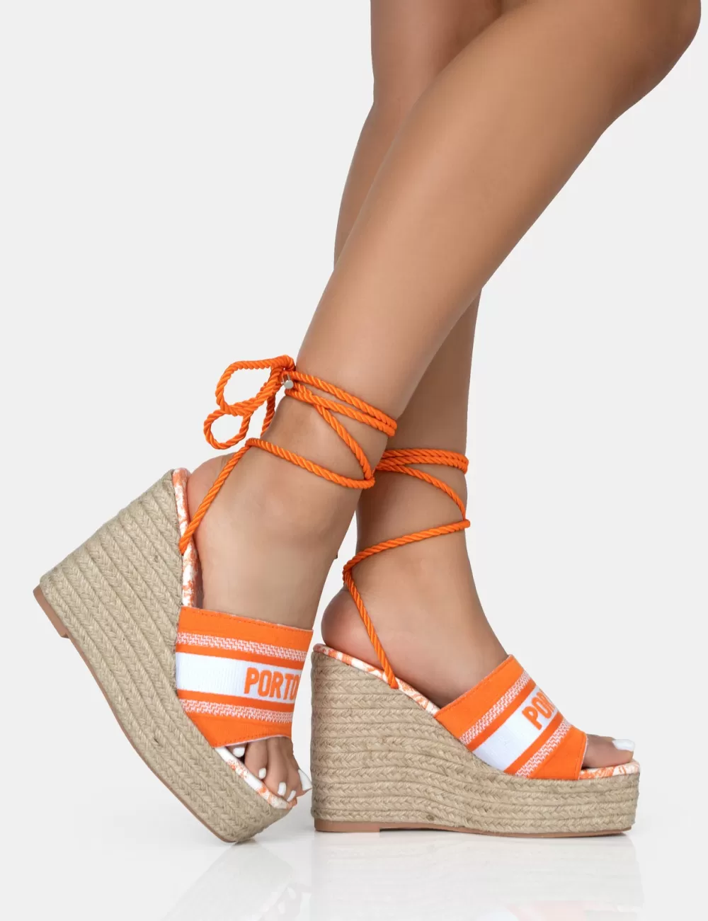 New Public Desire Take Off Embroidered Portofino Lace Up Raffia Wedge Heels Orange