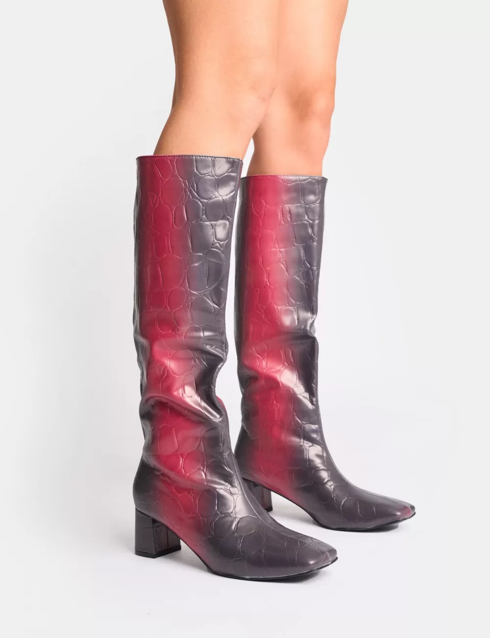 Discount Public Desire Tamira Ombre Block Heel Knee High Boots Red