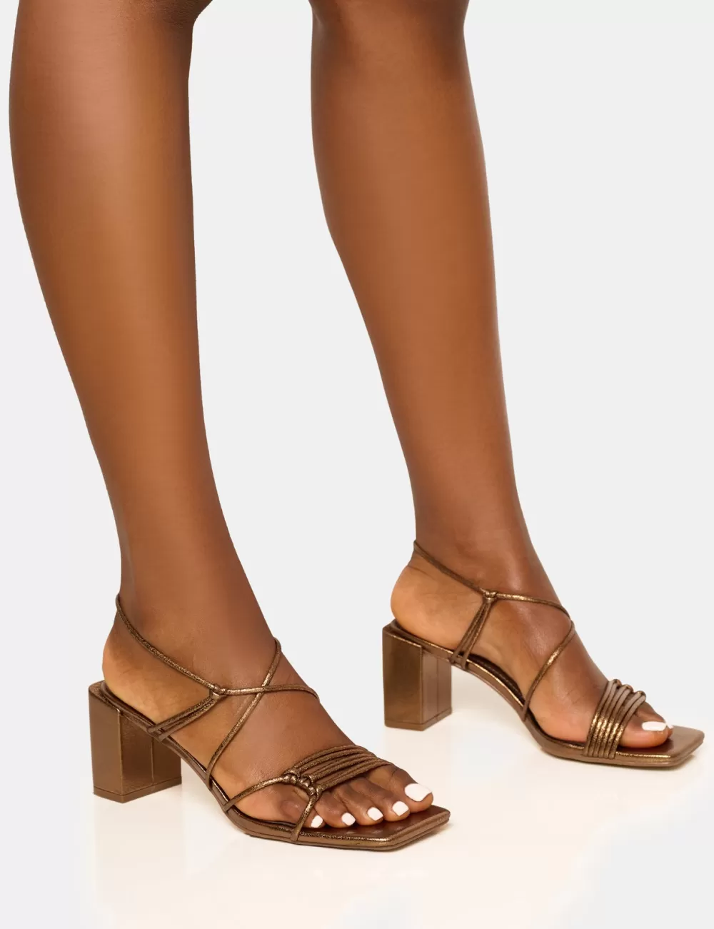 Clearance Public Desire Taryn Wide Fit Knotted Upper Block Mid Heel Sandals Bronze