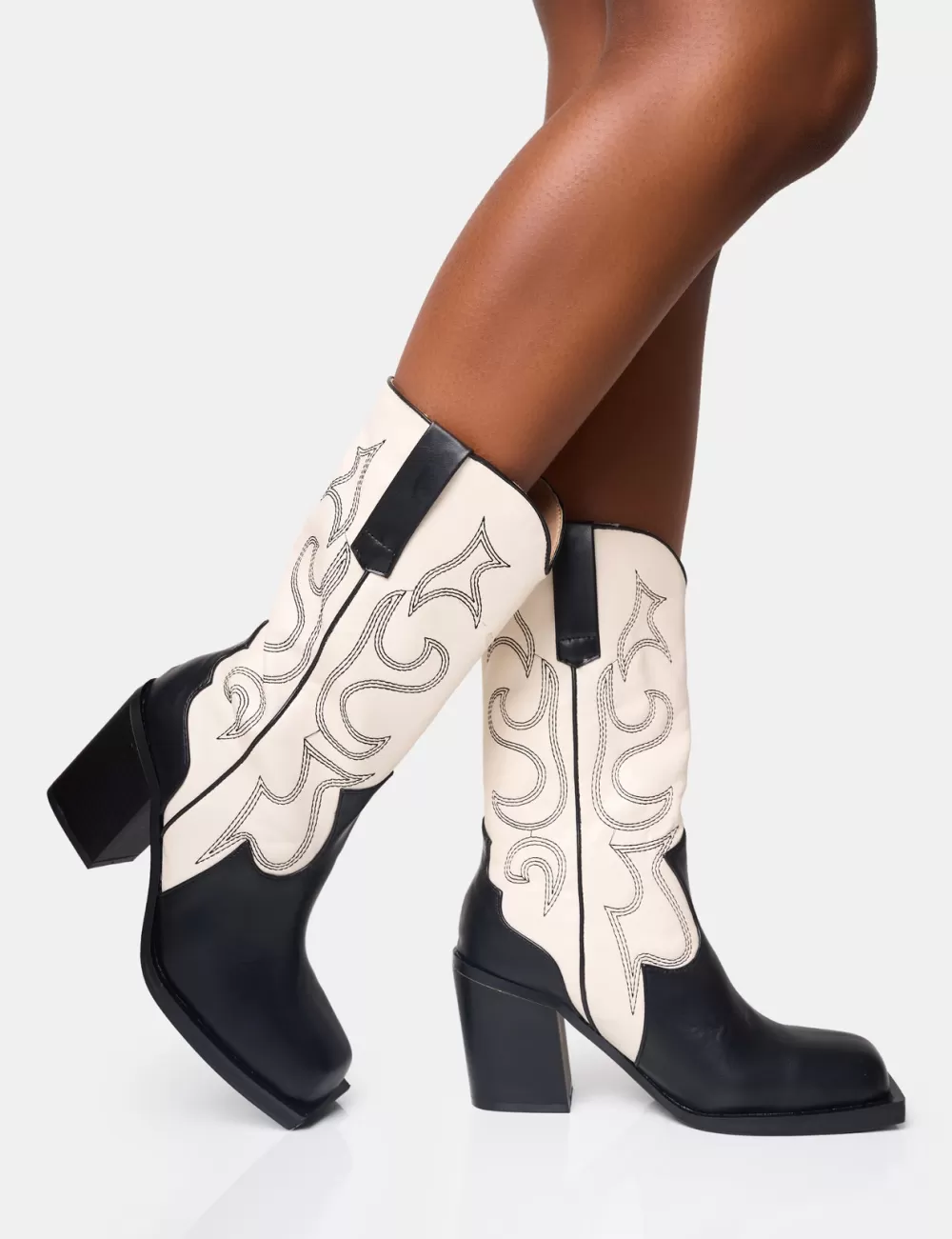 Sale Public Desire Texas Wide Fit Black and Ecru Western Block Heel Ankle Boots Monochrome