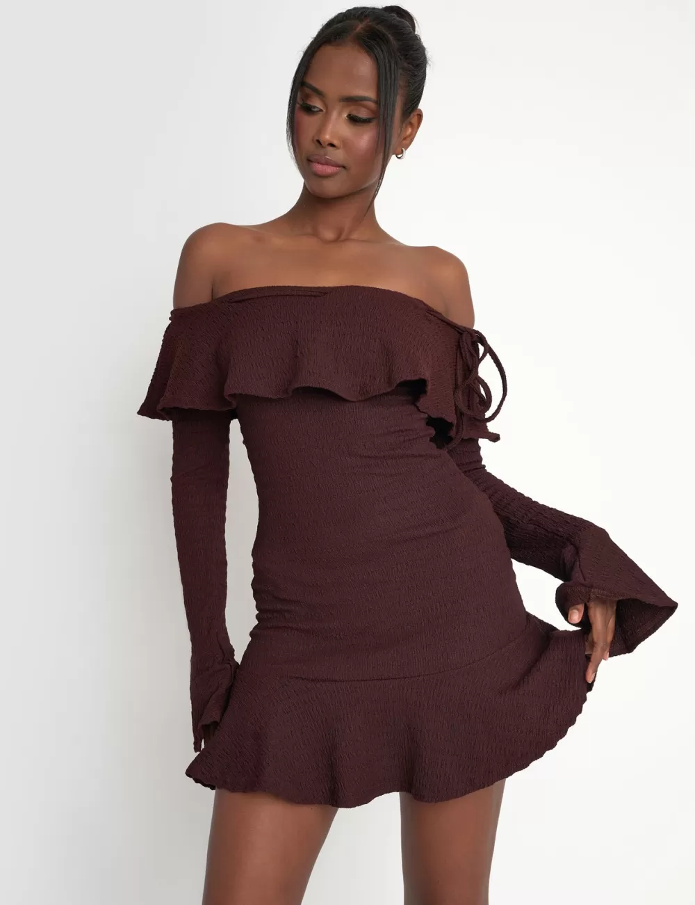 Sale Public Desire Textured Bardot Mini Dress Chocolate White