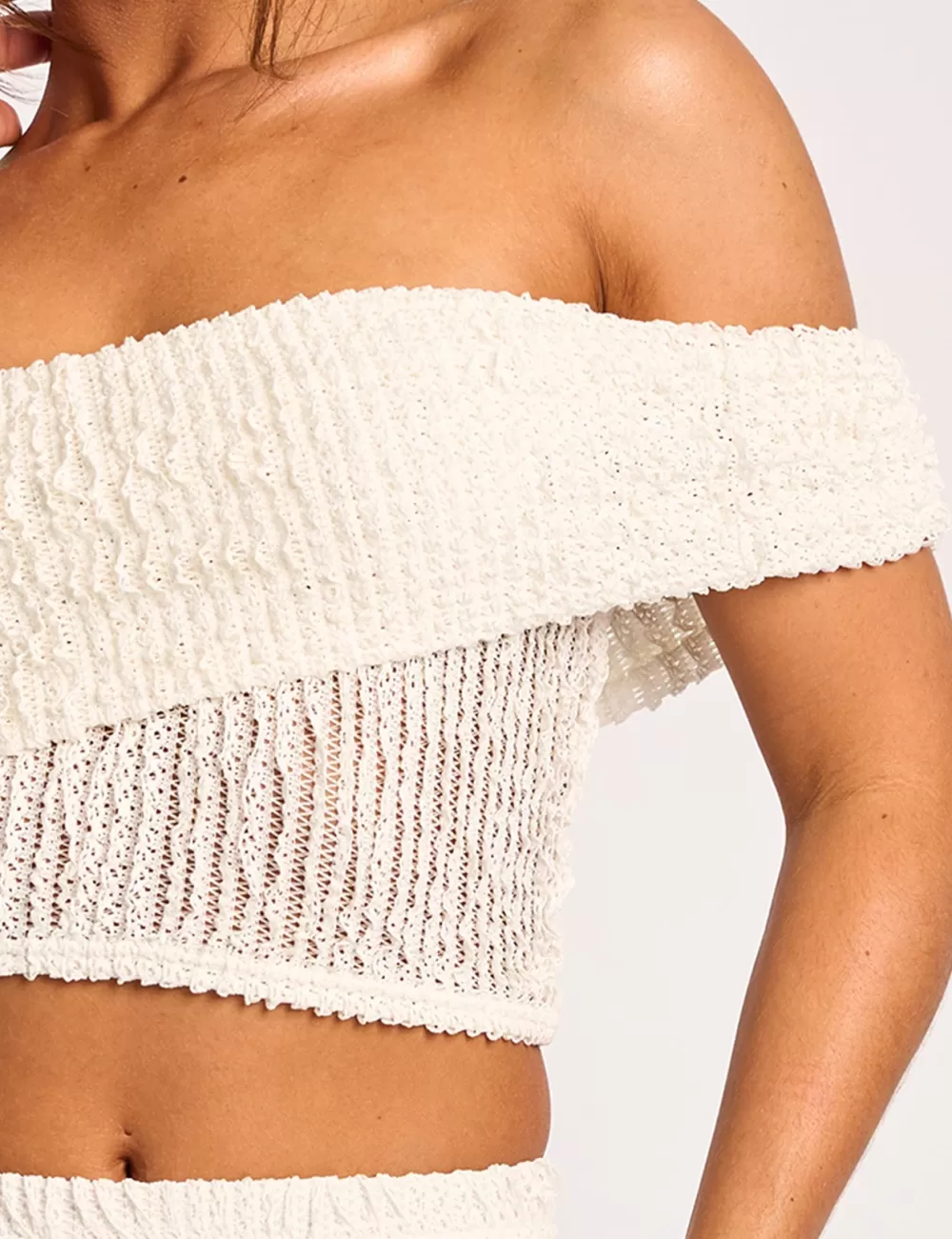 Store Public Desire Textured Foldover One Shoulder Crop Top Co Ord Cream