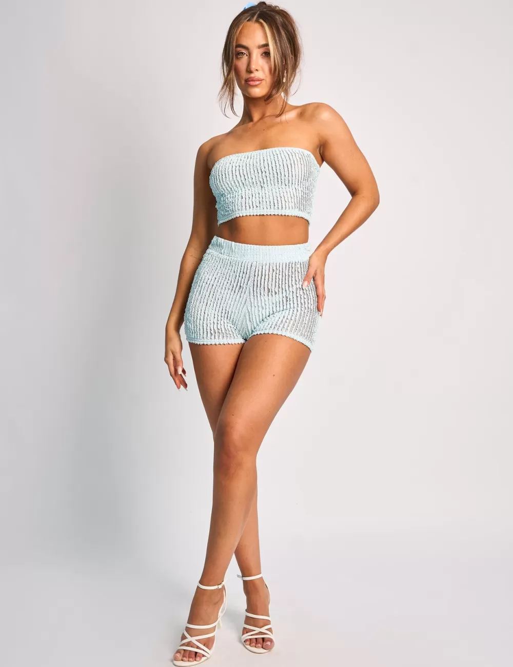 Online Public Desire Textured High Waisted Micro Shorts Co Ord Blue