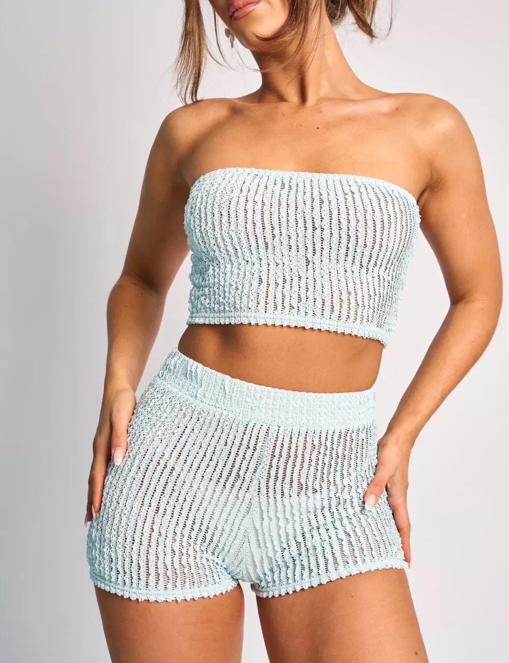 Online Public Desire Textured High Waisted Micro Shorts Co Ord Blue