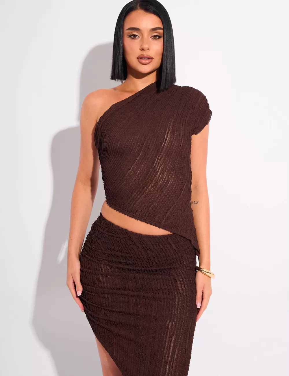 Shop Public Desire Textured One Shoulder Top Chocolate