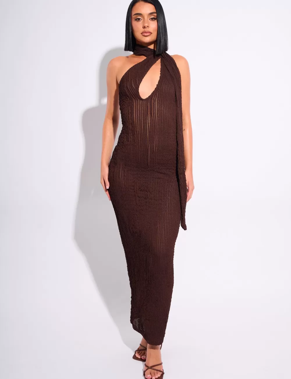 Outlet Public Desire Textured Scarf Detail Cut Out Maxi Dress Chocolate