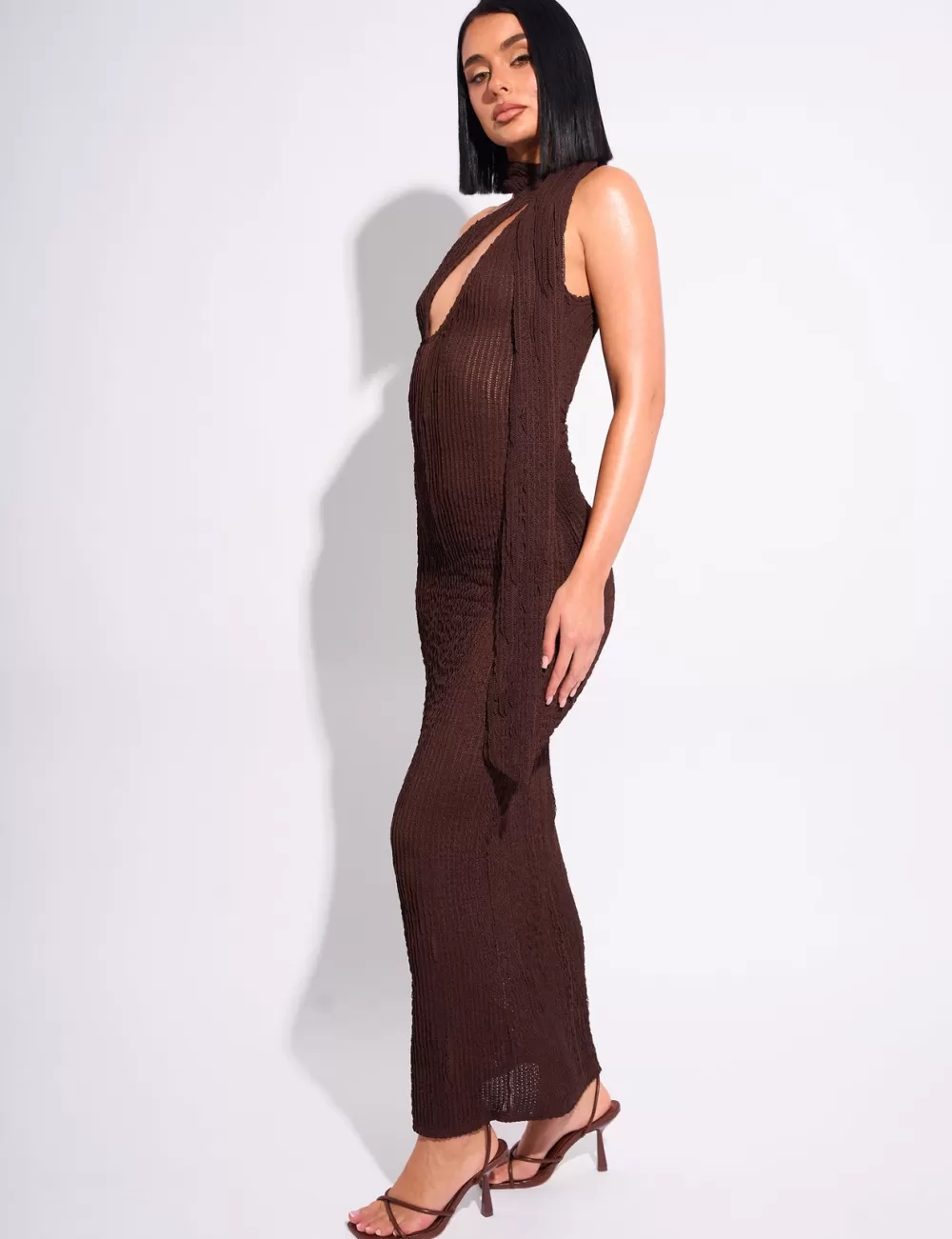 Outlet Public Desire Textured Scarf Detail Cut Out Maxi Dress Chocolate