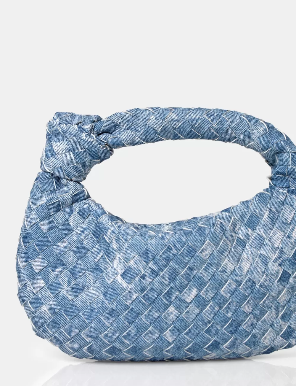 Clearance Public Desire The Blame Denim Woven PU Knot Detail Mini Grab Bag Blue