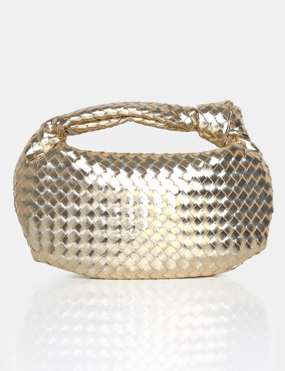 Shop Public Desire The Blame Metallic Woven PU Knot Detail Mini Grab Bag Gold