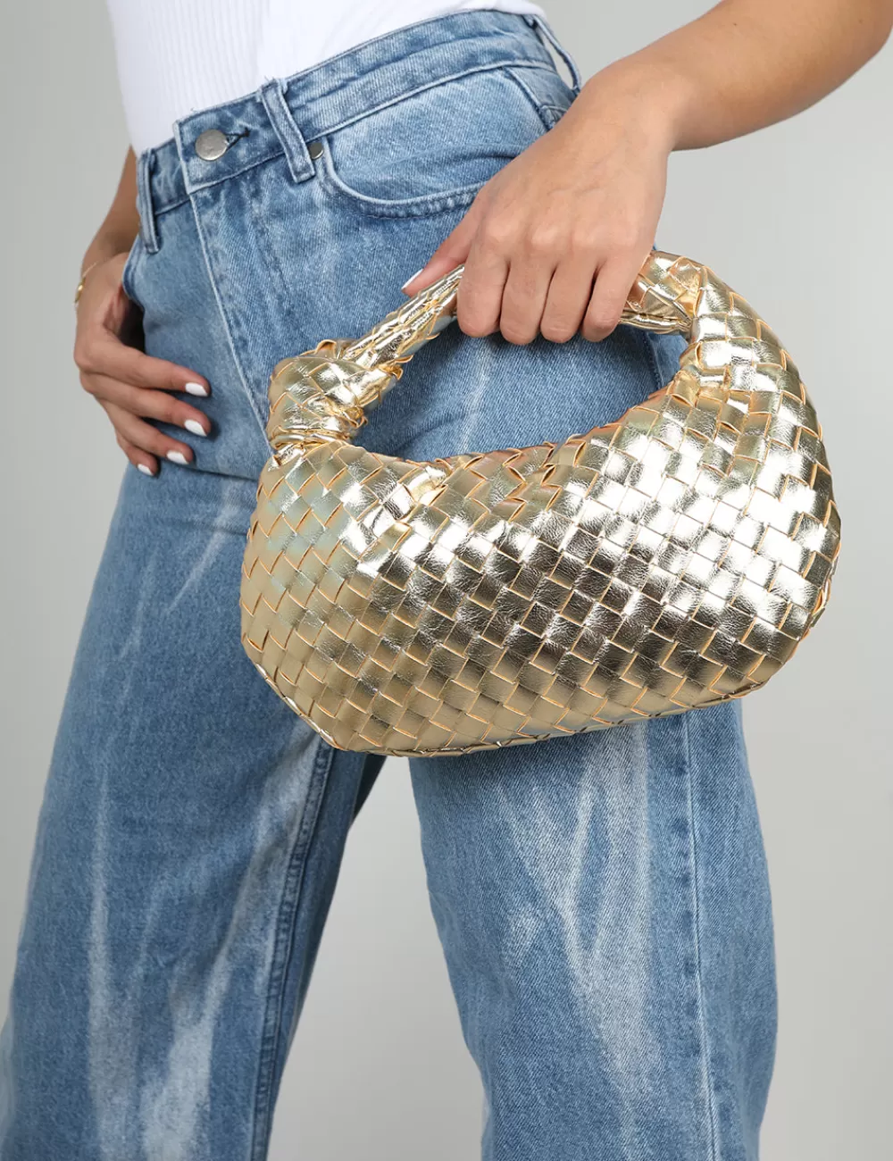 Shop Public Desire The Blame Metallic Woven PU Knot Detail Mini Grab Bag Gold
