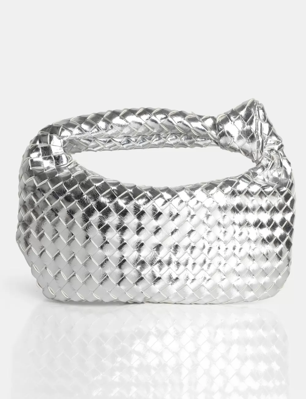Cheap Public Desire The Blame Metallic Mirror Woven PU Knot Detail Mini Grab Bag Silver
