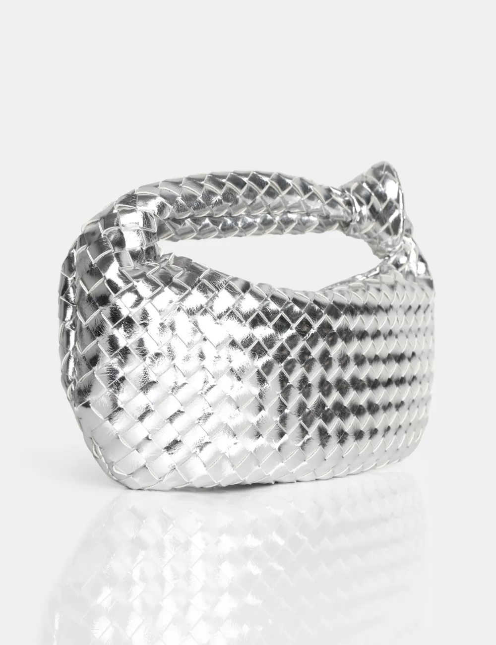Cheap Public Desire The Blame Metallic Mirror Woven PU Knot Detail Mini Grab Bag Silver