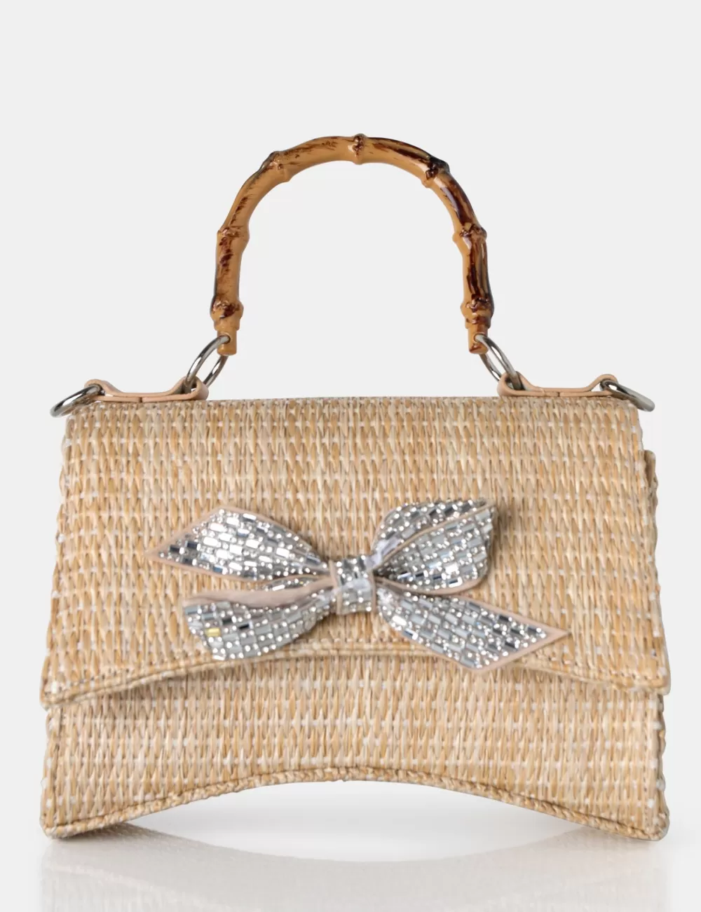 Best Public Desire The Bow Natural Raffia Bamboo Handle Diamante Bow Grab Bag Neutral
