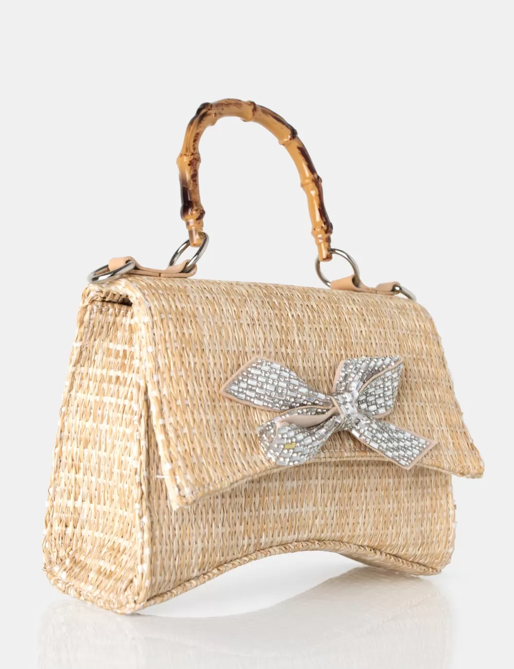 Best Public Desire The Bow Natural Raffia Bamboo Handle Diamante Bow Grab Bag Neutral