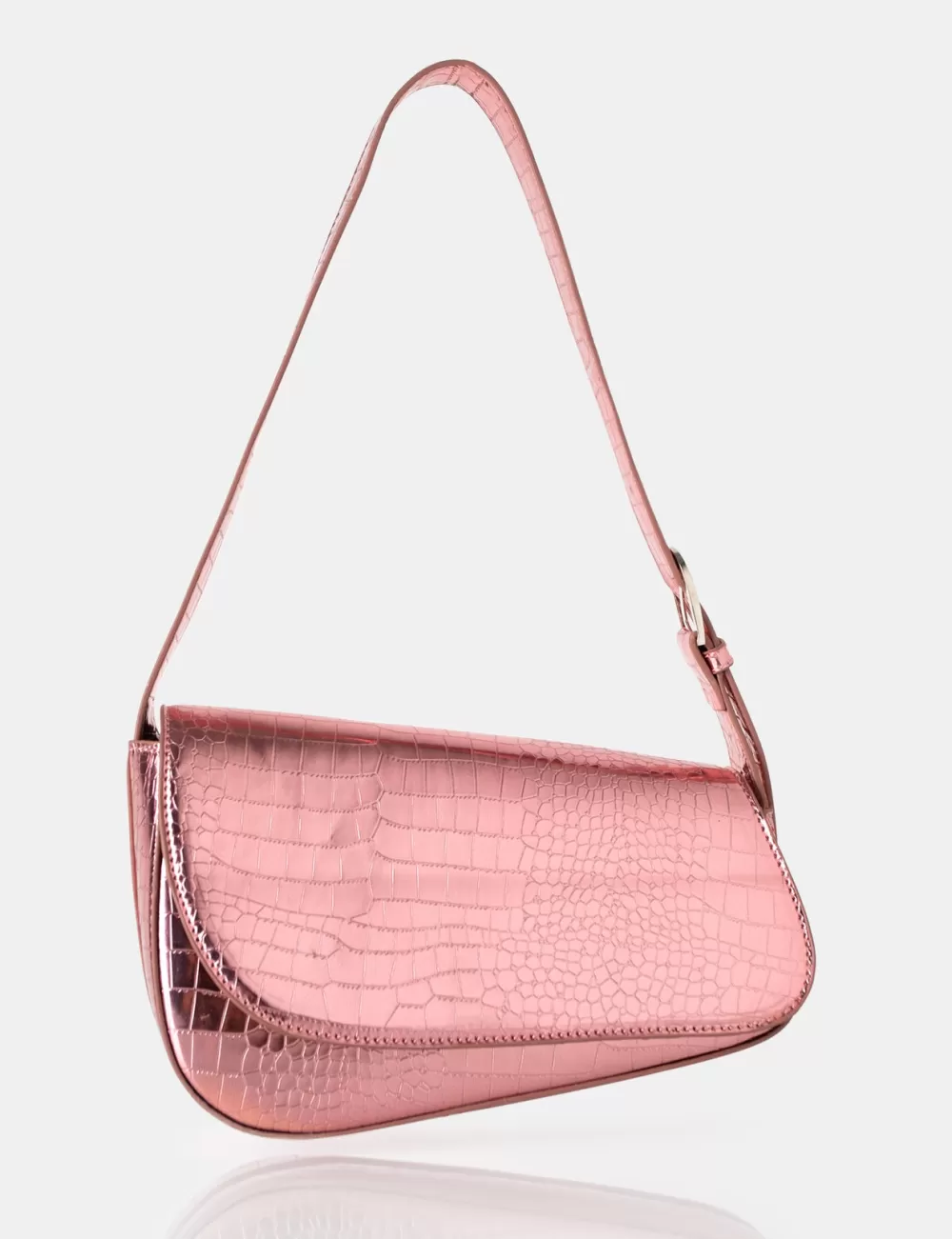 Fashion Public Desire The Loz Metallic Croc Asymmetric Shoulder Bag Pink