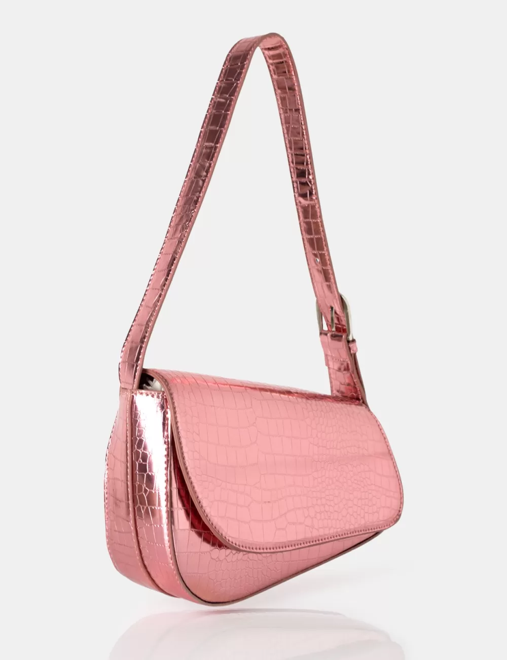 Fashion Public Desire The Loz Metallic Croc Asymmetric Shoulder Bag Pink