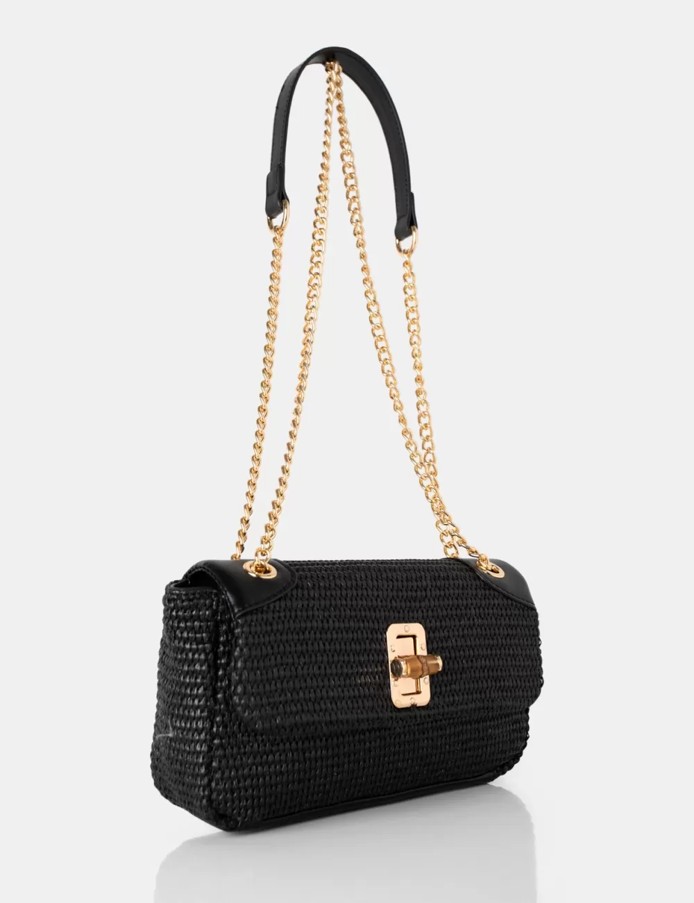 Flash Sale Public Desire The Mara Raffia Gold Chain Detail Adjustable Shoulder Bag Black