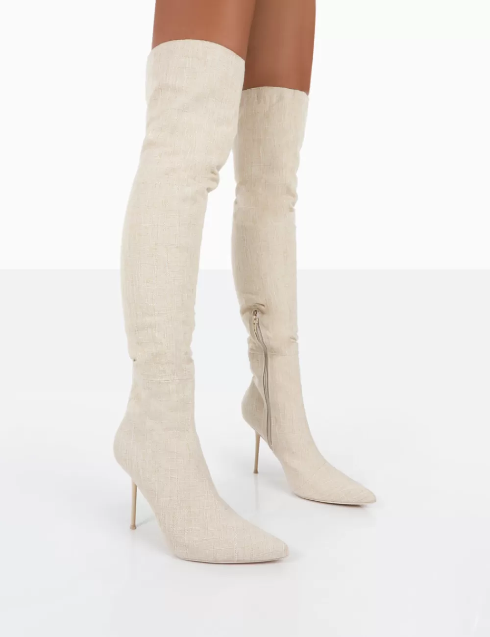 Shop Public Desire Tianna Natural Linen Pointed Toe Over The Knee Stiletto Boots Nude