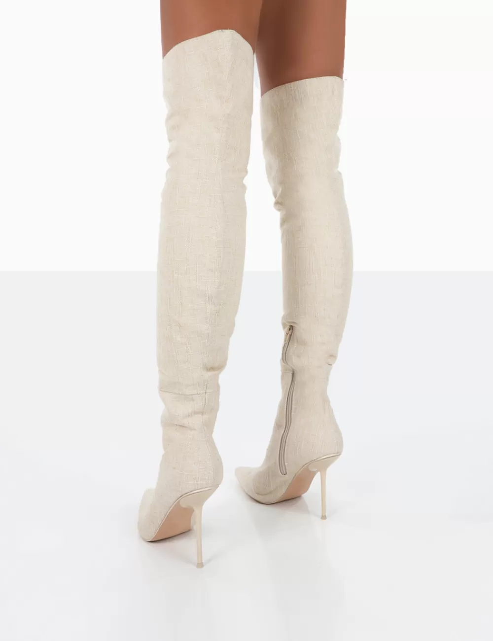Shop Public Desire Tianna Natural Linen Pointed Toe Over The Knee Stiletto Boots Nude
