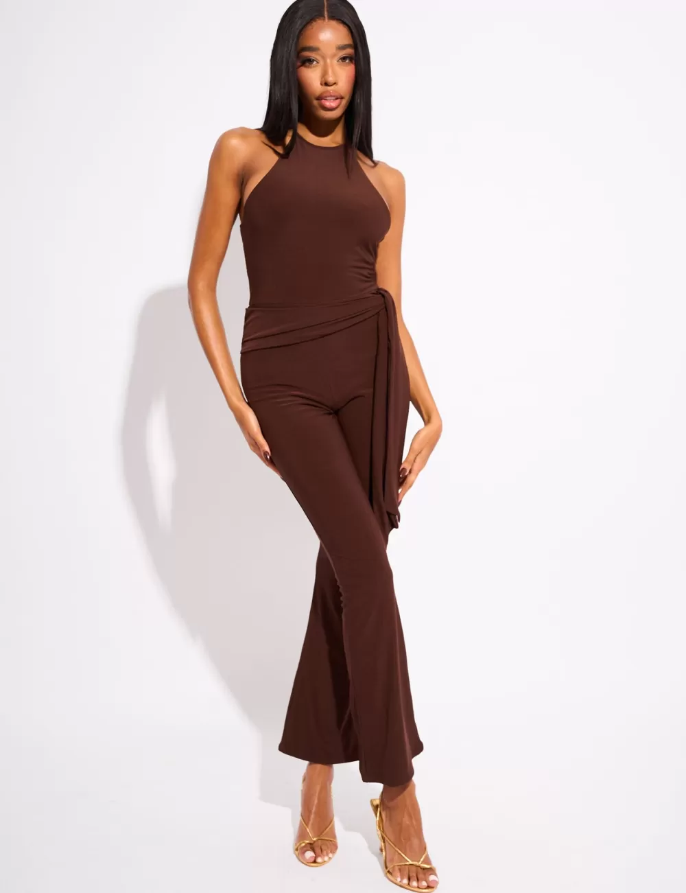 Shop Public Desire Tie Back Belted Jumpsuit Chocolate