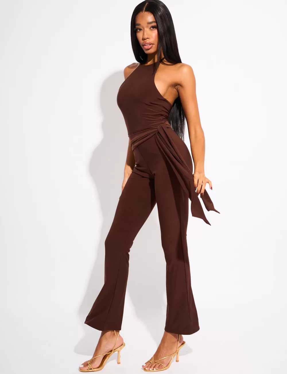 Shop Public Desire Tie Back Belted Jumpsuit Chocolate