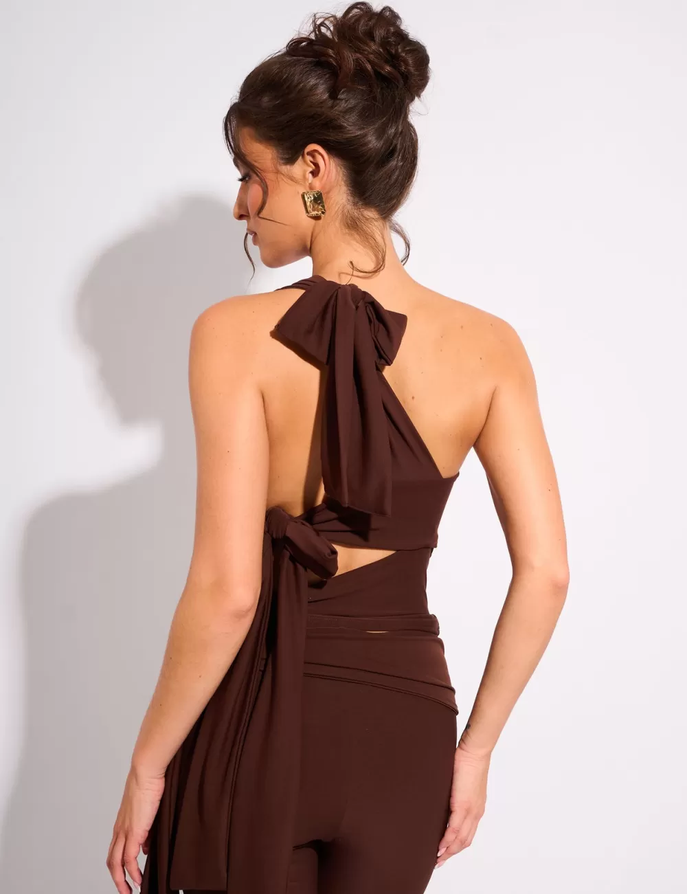 Online Public Desire Tie Back Luxe Slinky One Shoulder Top Chocolate