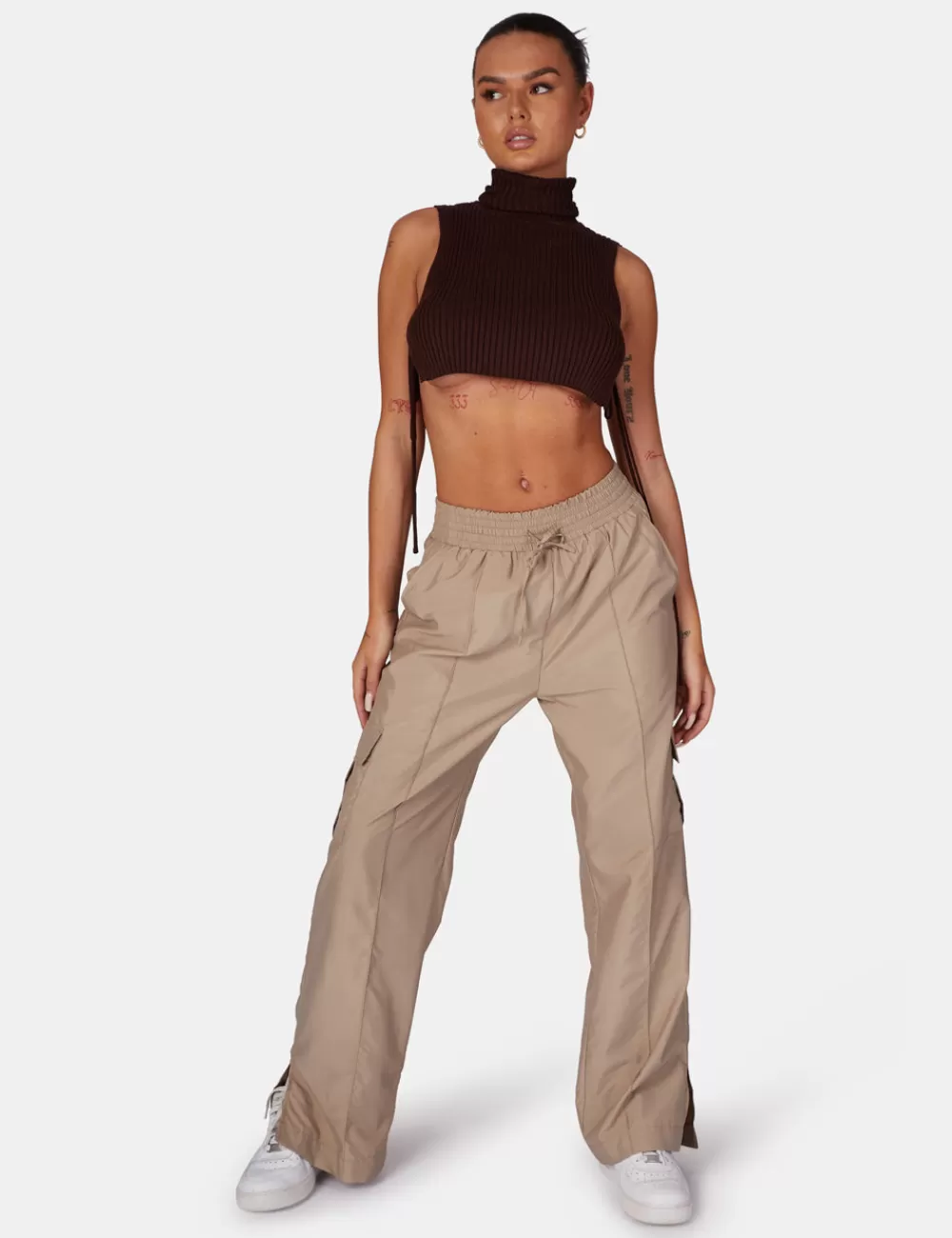 Clearance Public Desire Tie Side Roll Neck Crop Top Brown