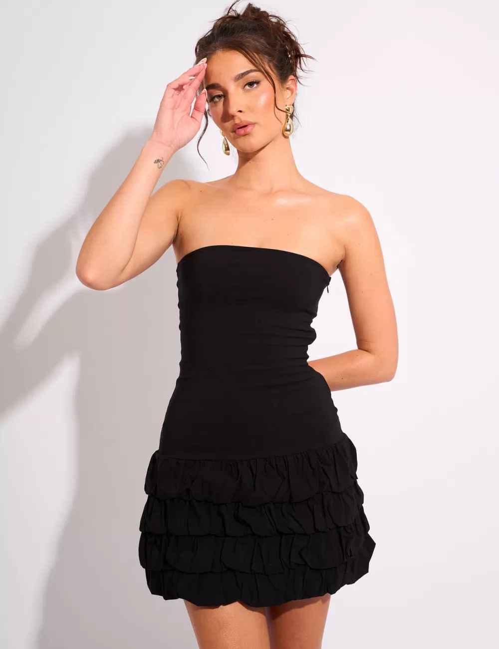 Cheap Public Desire Tiered Ruffle Hem Bandeau Mini Dress Black