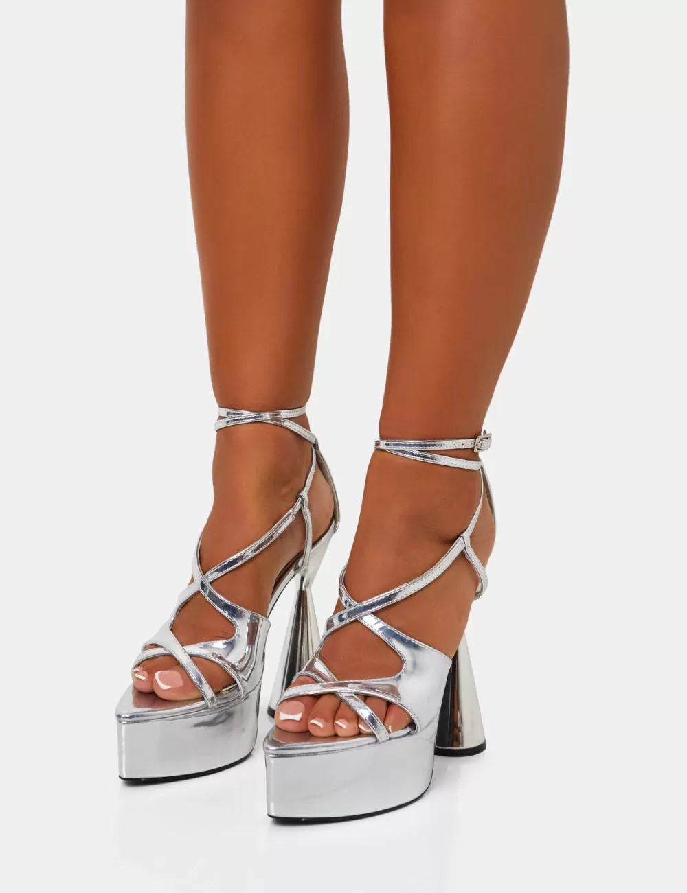 Fashion Public Desire Tina Iridescent Mirror Strappy Ankle Platform Flared Block Heel Silver