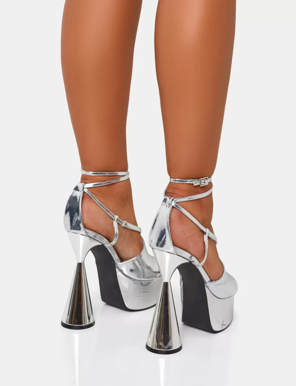 Fashion Public Desire Tina Iridescent Mirror Strappy Ankle Platform Flared Block Heel Silver