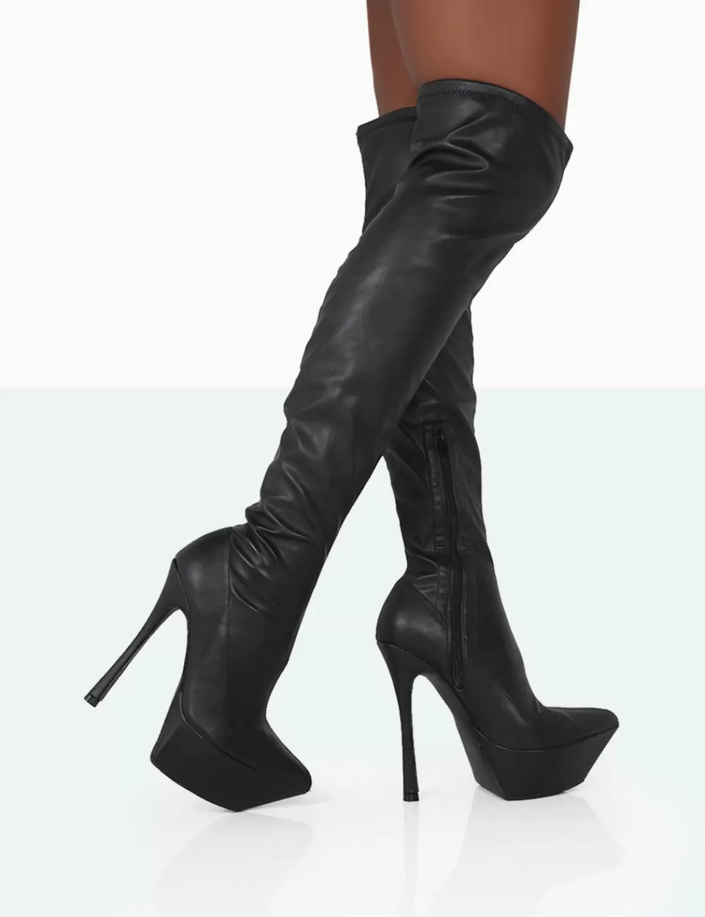 Online Public Desire Trixie Grain Pu Stiletto Platform Over the Knee Boots Black