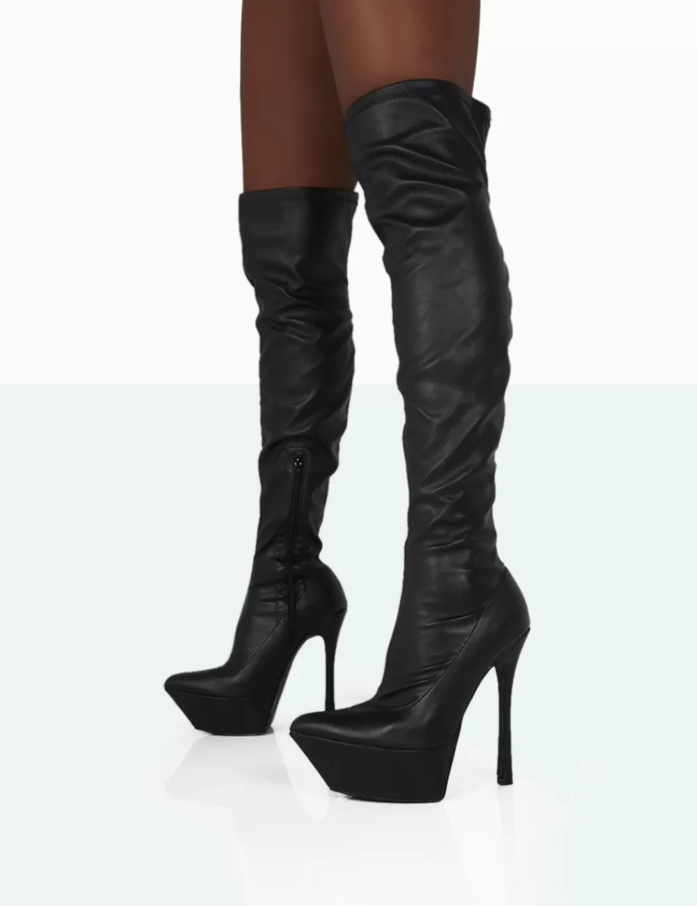 Online Public Desire Trixie Grain Pu Stiletto Platform Over the Knee Boots Black