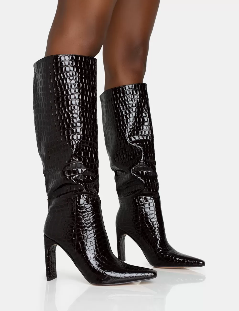 Hot Public Desire Undone Patent Croc Knee High Zip Up Thin Block Heeled Boots Brown