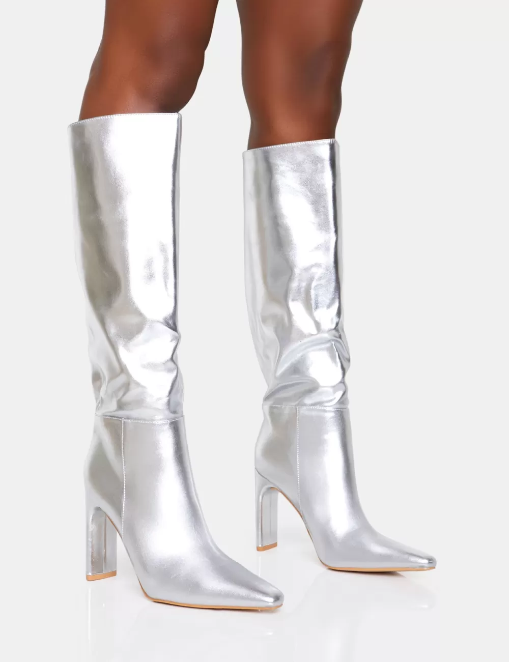 Outlet Public Desire Undone Pu Knee High Zip Up Pointed Toe Thin Block Heeled Boots Silver