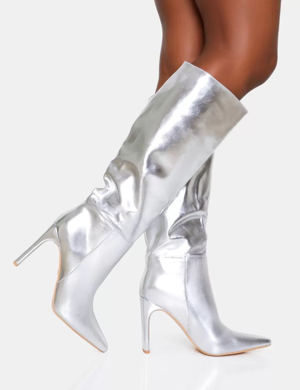 Outlet Public Desire Undone Pu Knee High Zip Up Pointed Toe Thin Block Heeled Boots Silver