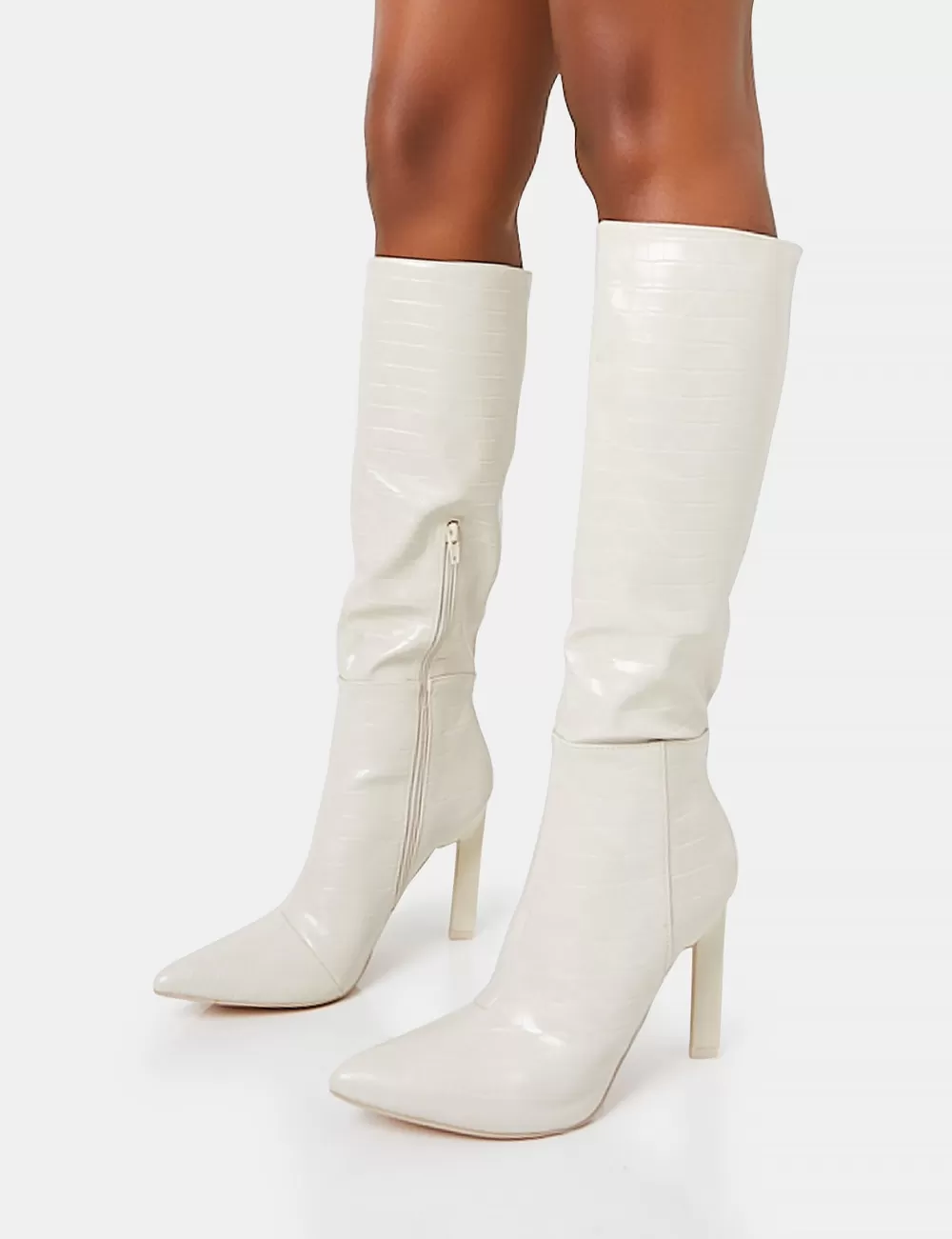 New Public Desire Unite Ecru Croc Pointed Toe Knee High Block Heeled Boots Neutral