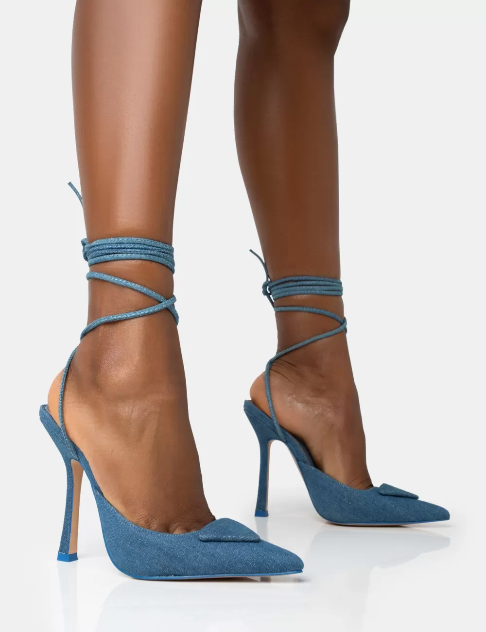 Cheap Public Desire Vada Denim Slingback Lace Up Pointed Court Stiletto Heels Blue