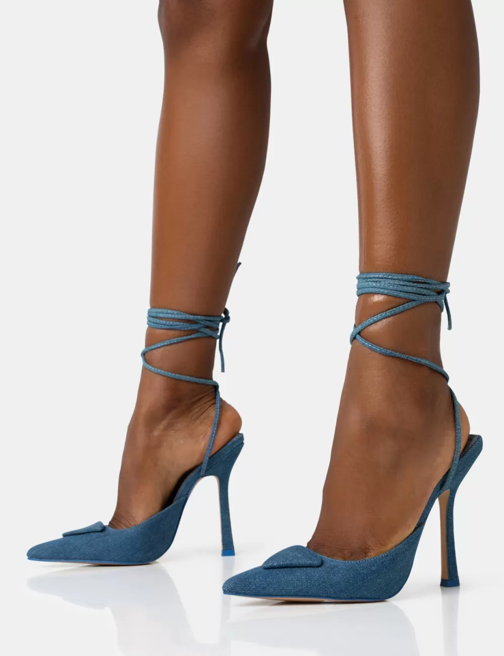 Cheap Public Desire Vada Denim Slingback Lace Up Pointed Court Stiletto Heels Blue