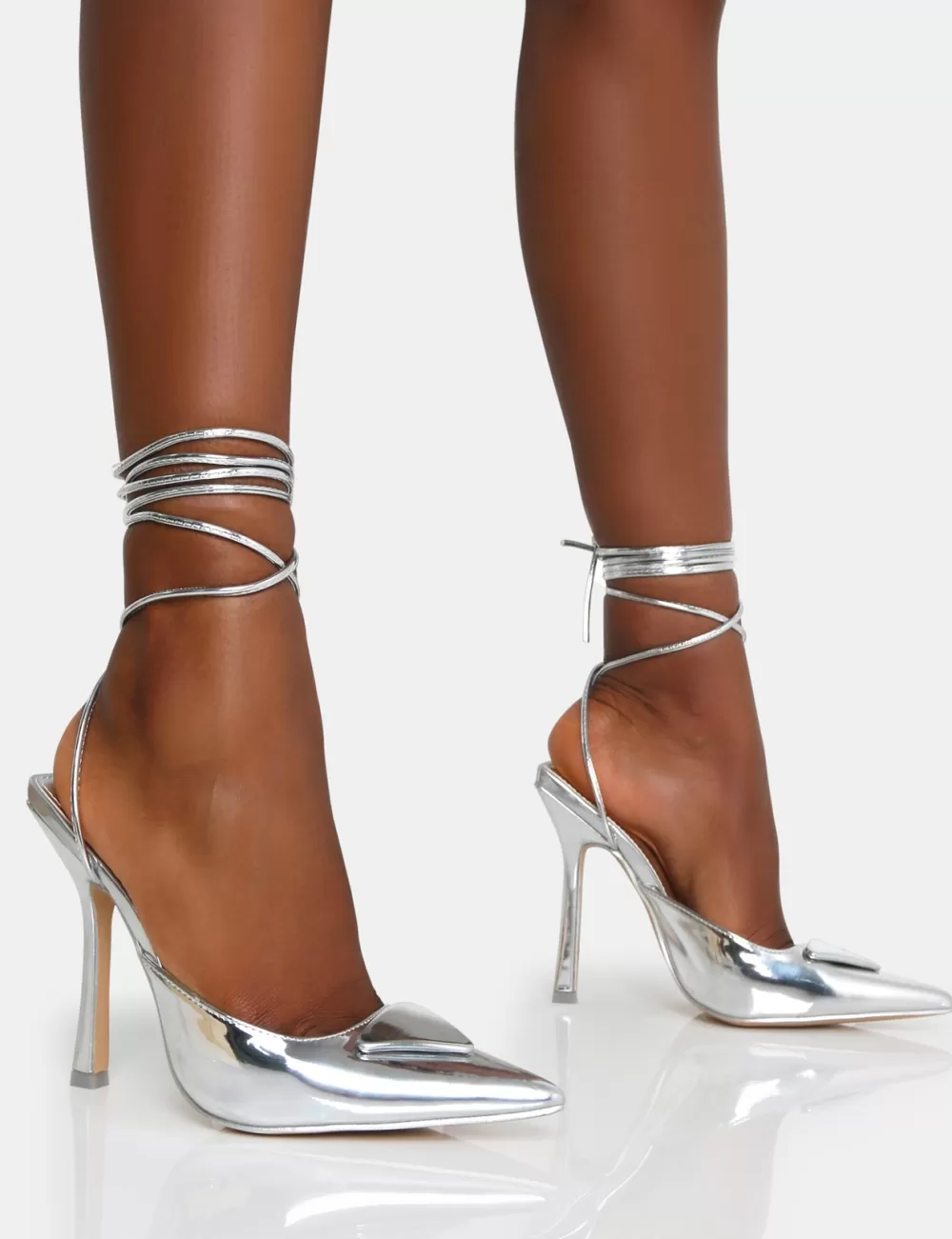 Sale Public Desire Vada Mirror Slingback Lace Up Pointed Court Stiletto Heels Silver