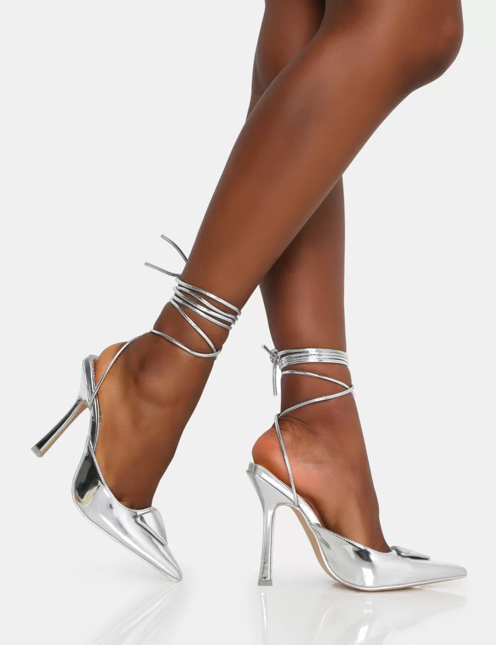 Sale Public Desire Vada Mirror Slingback Lace Up Pointed Court Stiletto Heels Silver
