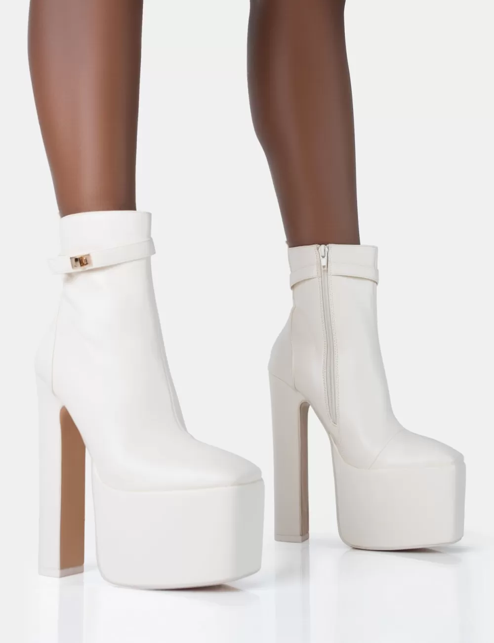 Outlet Public Desire Vally Ecru PU Extreme Platform Square Rounded Toe Block Heeled Ankle Boots Neutral