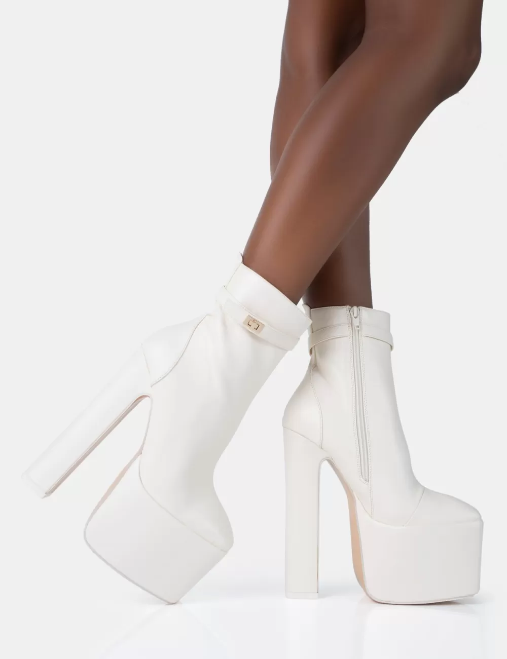 Outlet Public Desire Vally Ecru PU Extreme Platform Square Rounded Toe Block Heeled Ankle Boots Neutral